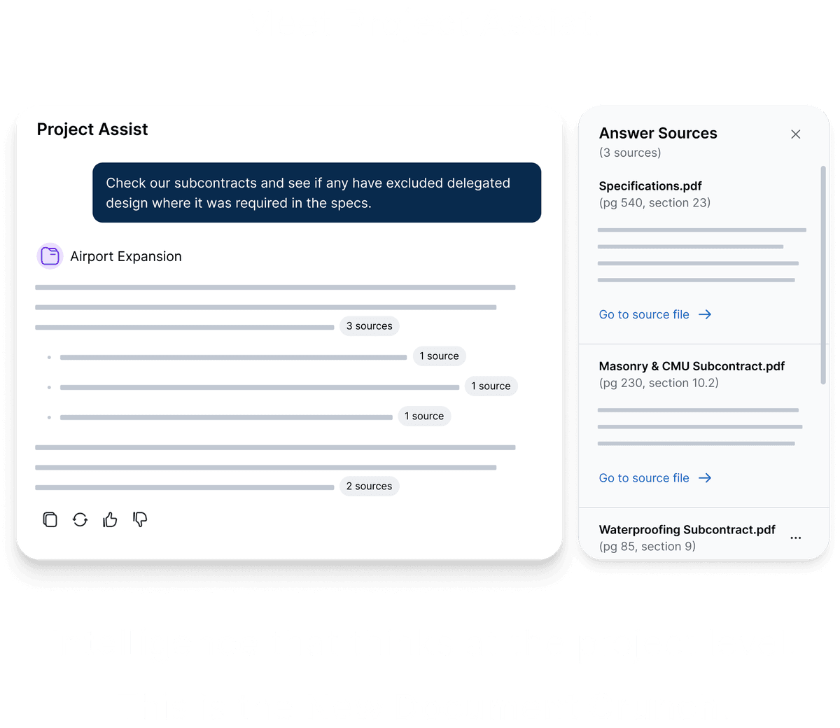 Screenshot of Project Assist: AI analyzes construction subcontracts and specs and shows cited source documents.